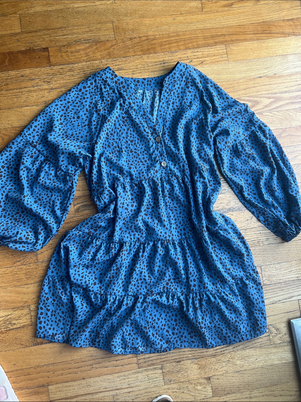 Blue Printed V-Neck Tiered Tunic with Balloon Sleeves